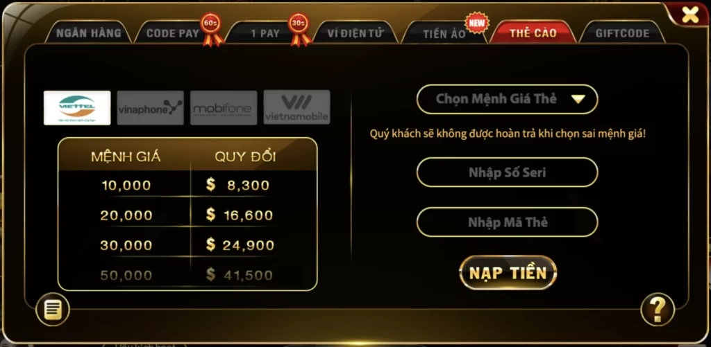 Nạp tiền Hit Club qua thẻ cào điện thoại