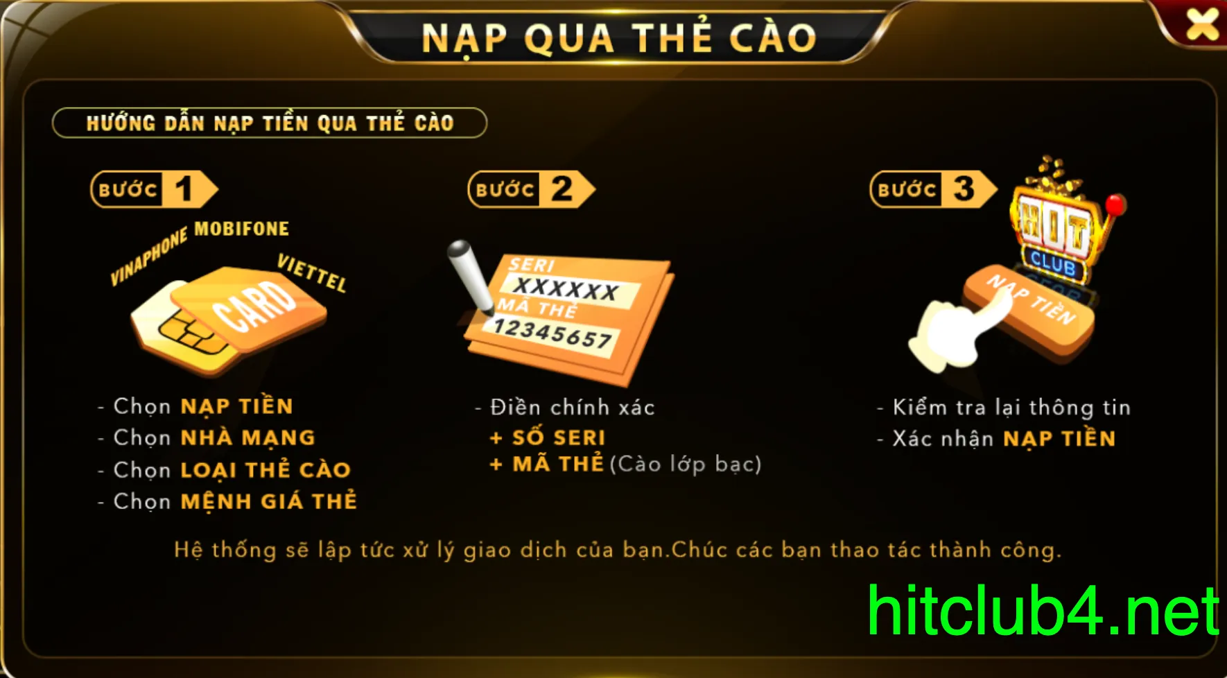 Chi tiết cách nạp tiền Hit Club bằng thẻ cào